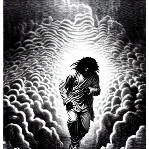 Prompt: cheef keef ascending into heaven holding double cup of lean, biblical image, style of gustave dore, highly detailed, beautiful, high contrast, black and white