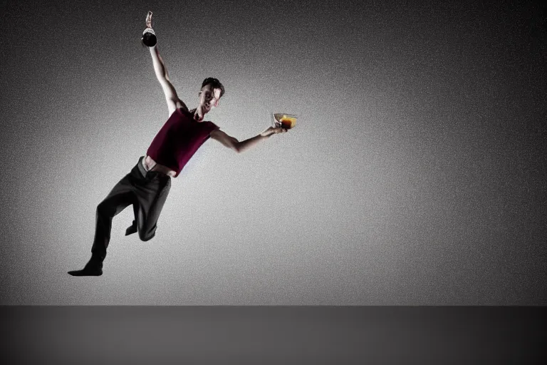 Prompt: A male model boisterously dancing around the room by himself holding an empty wine bottle as he jumps in the air by Lynda Benglis, octane render, 4k, 8k, (sharp) , very very beautiful, stunning, twisted, vanishing, transparent, ethereal