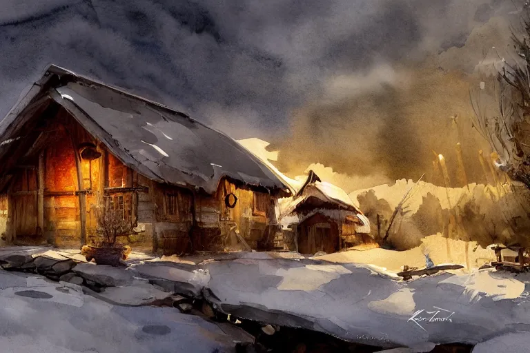 Image similar to paint brush strokes, abstract watercolor painting of rustic village house, interior at winter, medieval straw roof, scandinavian viking age, ambient lantern lighting, art by hans dahl, by jesper ejsing, art by anders zorn, wonderful masterpiece by greg rutkowski, cinematic light, american romanticism by greg manchess, creation by tyler edlin