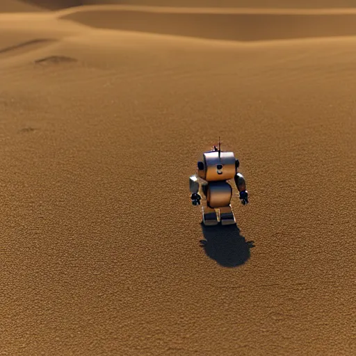 Image similar to a cute little robot out sand. super realistic 8 k render of a elegant, cinematic composition