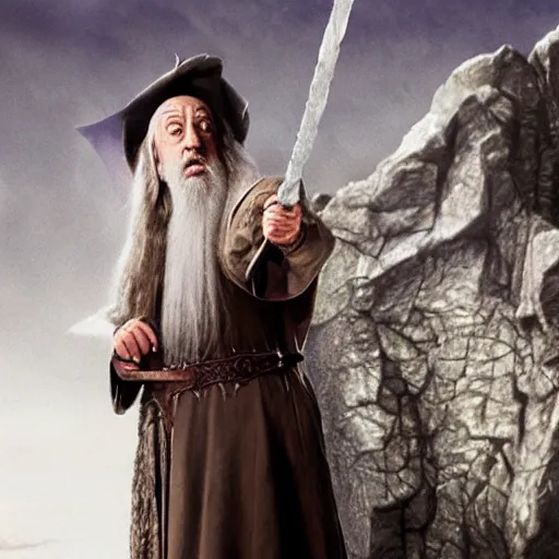 Image similar to jerry seinfeld as gandalf, cinematic, depth of field, helms deep battle