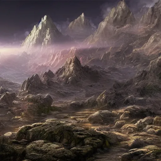 Image similar to The Sci-Fi stone landscape with large mountains in the background, wallpaper d&d art, fantasy, painted, 4k, high detail, sharp focus