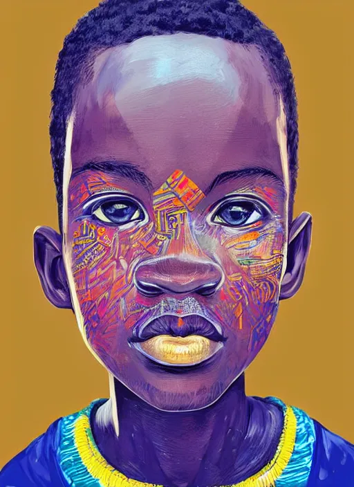 Image similar to colourful upper half portrait of an african boy - art by aya takano, highly detailed, digital painting, illustration, smooth, sharp focus, intricate, symmetry, pinterest, behance, artstation