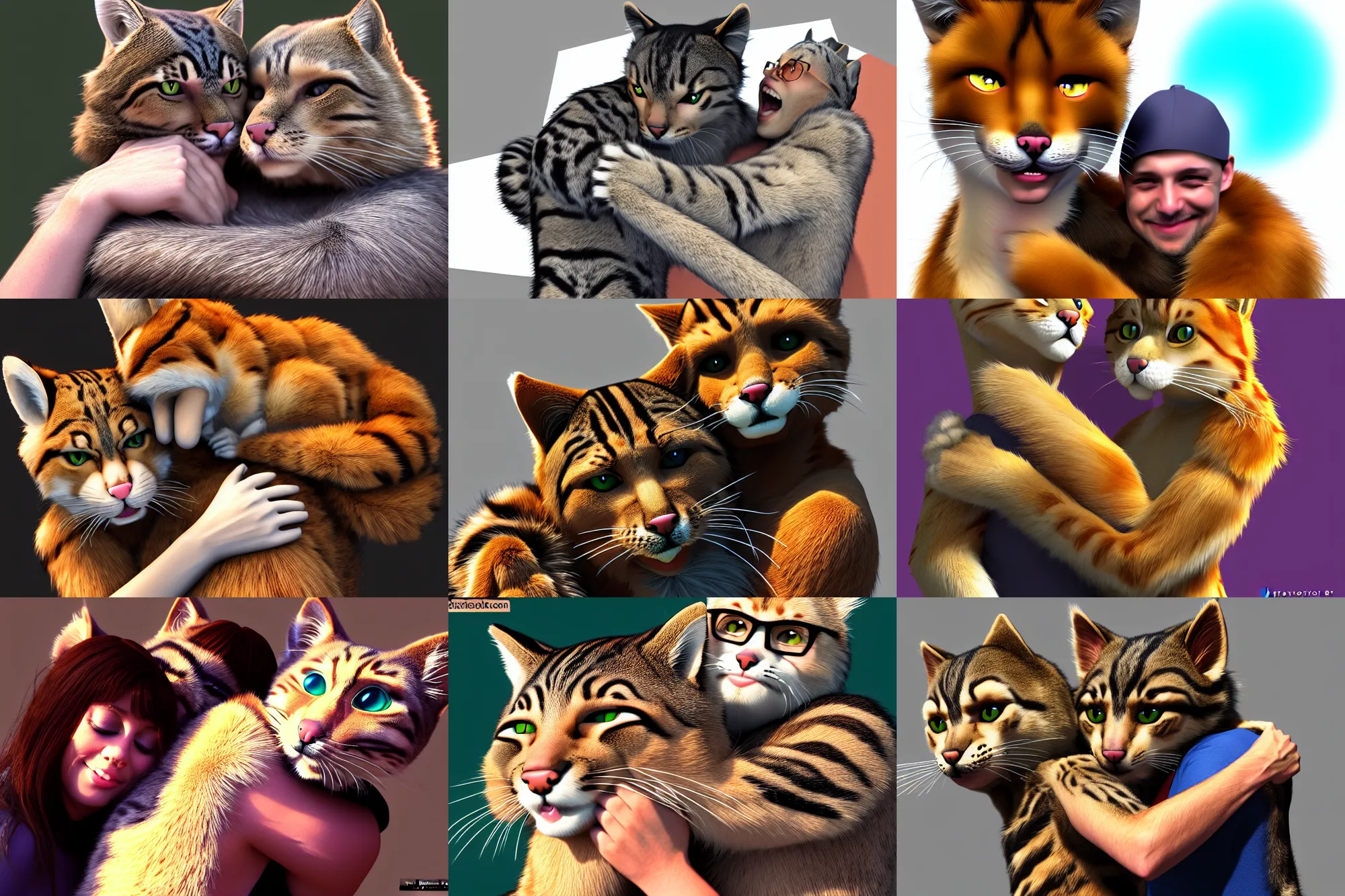 Prompt: photorealistic : hugged by feline furry man fursona, just an absolute goofball, dmt, ue 5, furry fandom, raytracing, trending on weasyl