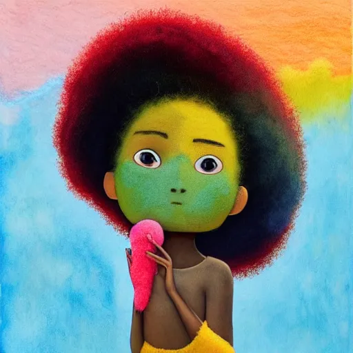 Image similar to a black girl with a colorful afro and rainbow eyes, at the beach, sunset, bright colours, watercolor, volumetric wool felting, macro photography, children illustration, by goro fujita