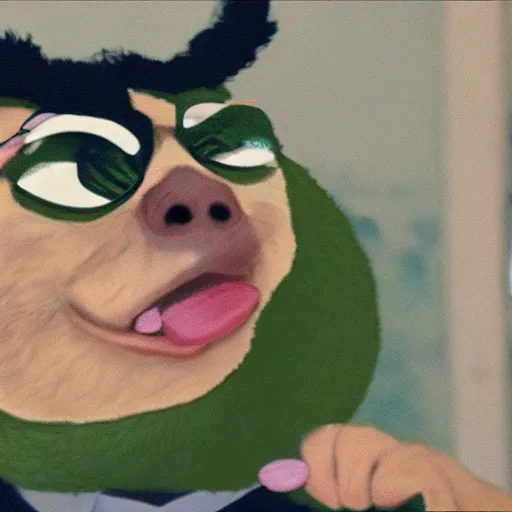 Image similar to pepe eating money, realistic, frame from the movie