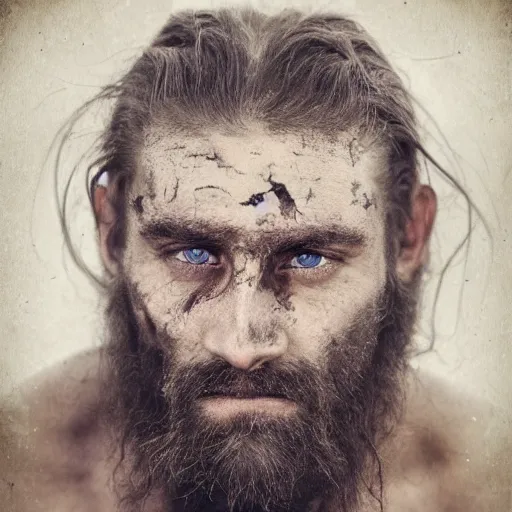 Prompt: portret of a man, warrior, scar on left cheek, battleworn, long dark brown hair, short messy beard, crystal blue eyes, weary