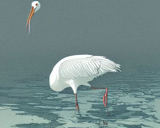 Image similar to a white crane bird hunting in shallow water by abandoned greek architecture, close up, digital art, illustrated by james gurney and victo ngai