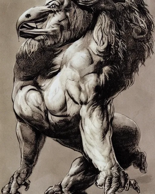 Image similar to a creature with the body and eyes of a man, with the beak of an eagle, the mane of a lion, and the horns of an ox. drawn by frank frazetta