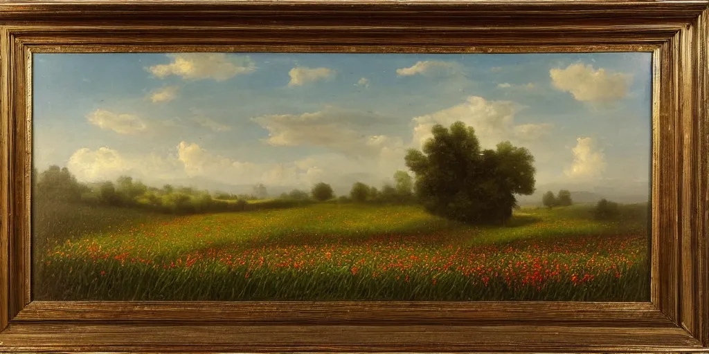 Image similar to a dark oil painting of a beautiful meadow; masterpiece; extremely-detailed; by Carravaggio