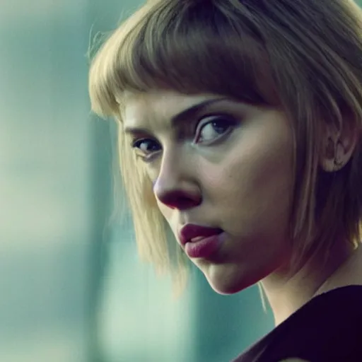 Prompt: a medium - shot of scarlett johansson looking into the distance, beautiful light failling on her face, chin - length bob with bangs hairstyle, in the style of the ghost in the shell, by annie leibowitz