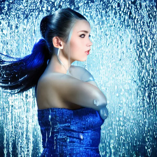 Image similar to a beautiful girl with long blue ponytail, bangs, pale skin, wearing red formal attire, highly detailed, 8 k, octane render, professional portrait, realistic oil painting, rainy window, water droplets frozen in time, god rays,