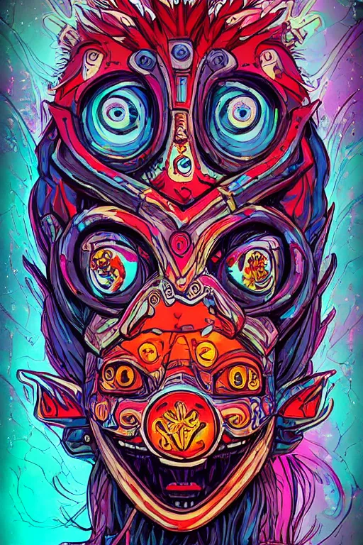 Image similar to totem animal tribal chaman vodoo mask feather gemstone plant wood rock video game illustration vivid color borderlands by josan gonzales and dan mumford radiating a glowing aura