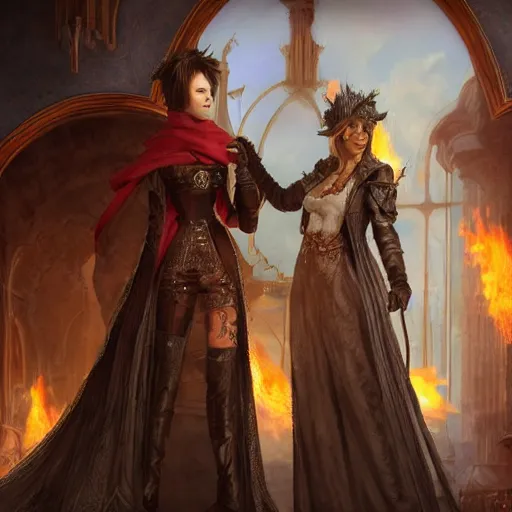 Image similar to an ultra detailed matte painting of a lesbian wedding between evil pyromancer and a red mage from final fantasy, steampunk, unholy, white church background, detailed face, sharp focus, highly detailed, cinematic lighting, studio quality, colorful, smooth render, unreal engine 5 rendered, octane, rendered, by artgerm, greg rutkowski, alphonse mucha