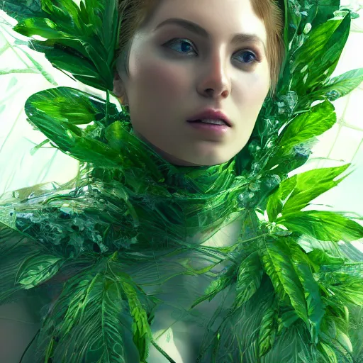 Prompt: a highly detailed digital image of a futuristic beautiful woman elegantly wrapped with green lush leaves, by Andrea Chiampo, artstation and Frederik Heyman, extremely detailed woman, stunning volumetric lighting, hyper realism, fantasy 4k