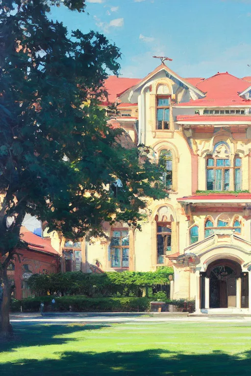 Prompt: painting of ouran highschool academy, front view, calm, afternoon day, bright, artwork by jeremy lipkin and giuseppe dangelico pino and michael garmash and rob rey and greg manchess and huang guangjian and makoto shinkai, sharp edges, simple form, 1 0 0 mm