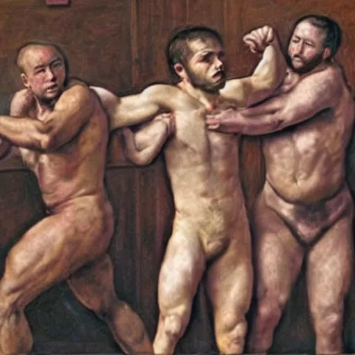 Prompt: three clones of Alex Jones fighting shirtless in a courtroom, renaissance painting