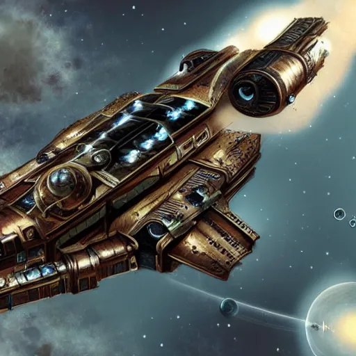 Image similar to steampunk spaceship, space war, battle, hyper realistic, artistic