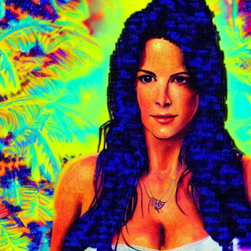 Prompt: a highly detailed and realistic concept art of Kelly Monaco in a vaporwave artwork composition