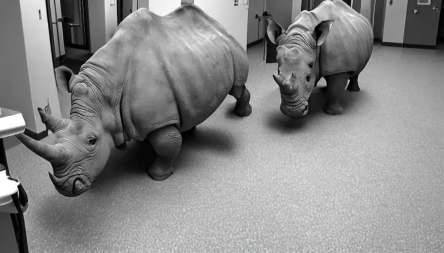 Prompt: a rhinoceros in a hospital, by mini dv camera, very very low quality, heavy grain, very blurry, accidental flash, webcam footage, found footage, security cam, caught on trail cam