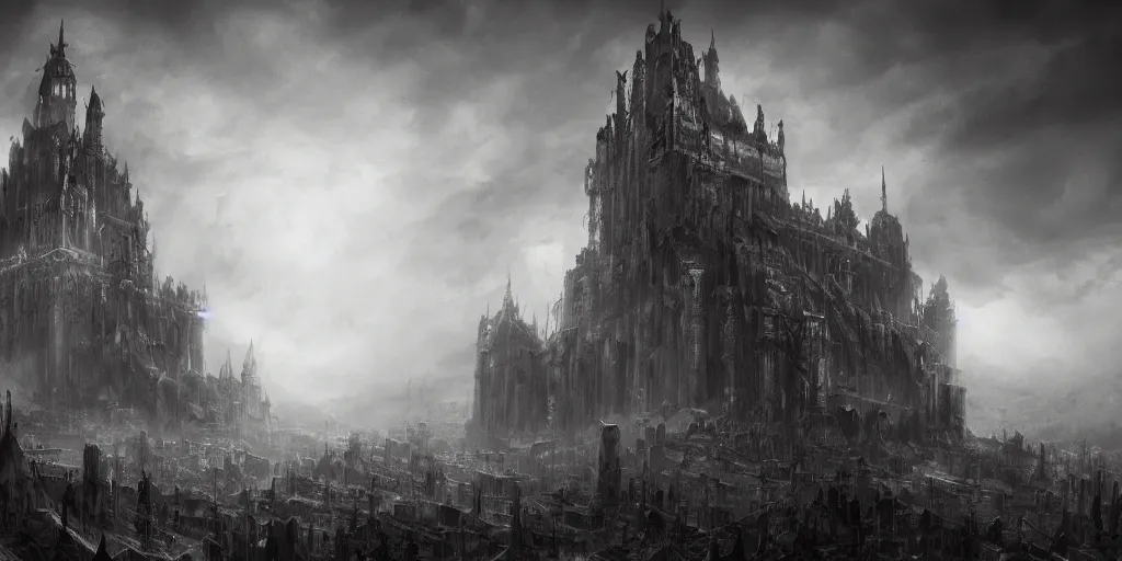 Image similar to grimdark fantasy fortress, terrifying architecture, looming, dark, fog, dark souls, artstation