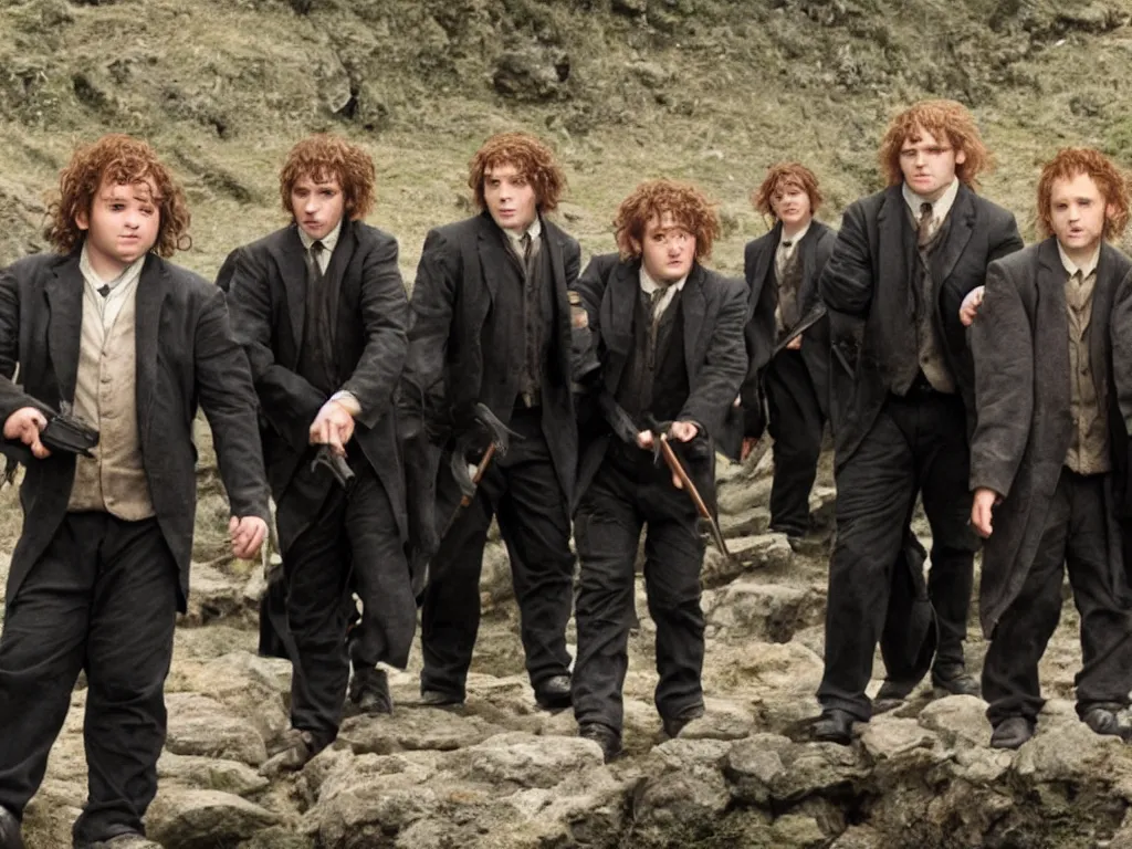 Image similar to hobbits as men in black