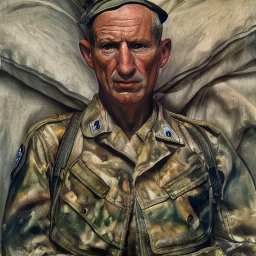 Image similar to high quality high detail painting by lucian freud, hd, american soldier, photorealistic lighting