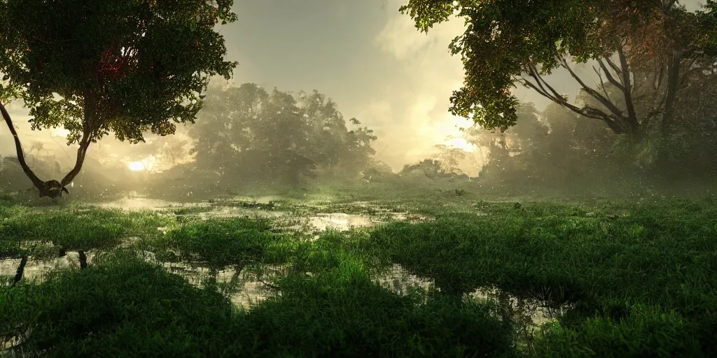 Image similar to lush green vegetation covered in spiderweb, ground - level view, puddles of water, stunning volumetric lighting, sunset, trending on artstation, 8 k, photorealistic, hyper detailed, unreal engine 5, cinematic, epic lighting, cryengine, octane render, cyberpunk, red and orange glow, dark, gloomy