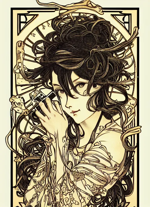 Image similar to photographer looking through camera, design on white background, gnarly details, gold, drawn by studio ghibli, alphonso mucha, lolish, trending on artstation