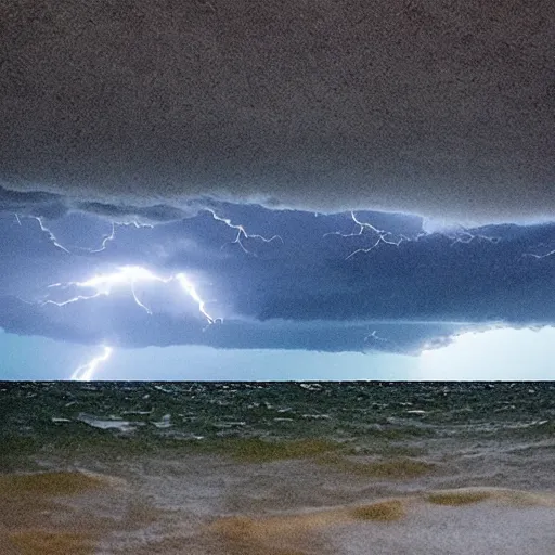 Prompt: a thunderstorm seen from beneath the waves