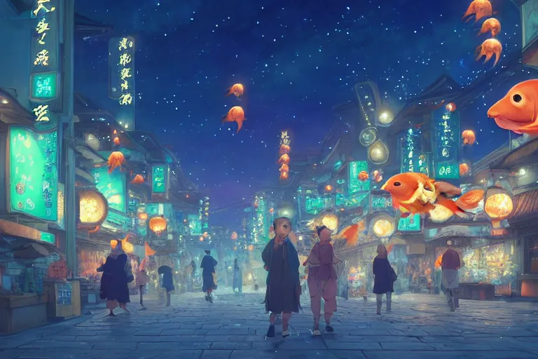 Image similar to fantasy art of glowing goldfish swimming in the air, in the streets of a japanese town at night, with people watching in wonder, by makoto shinkai, highly detailed digital art, trending on artstation