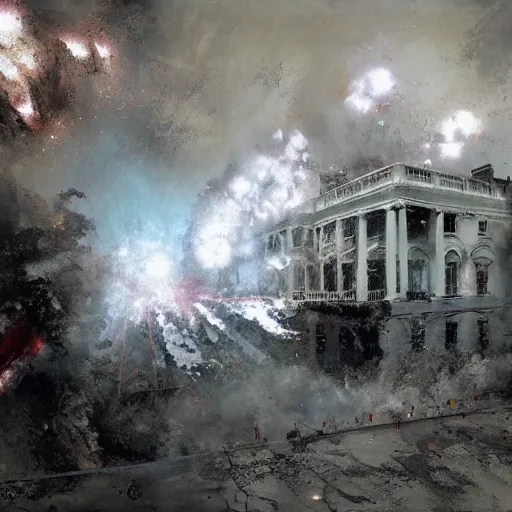 Image similar to the white house being exploded, tragic, beautiful, craig mullins, historic