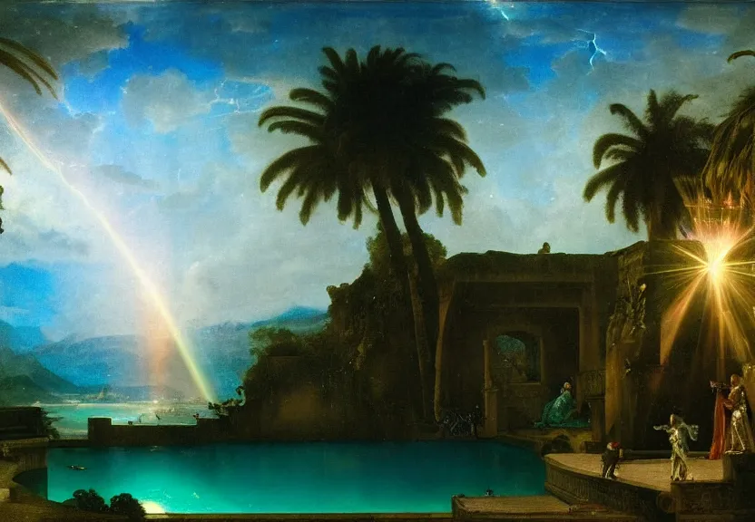 Image similar to Palace of the chalice, refracted sparkles, thunderstorm, greek pool, beach and Tropical vegetation on the background major arcana sky, by paul delaroche, hyperrealistic 4k uhd, award-winning, very very very detailed