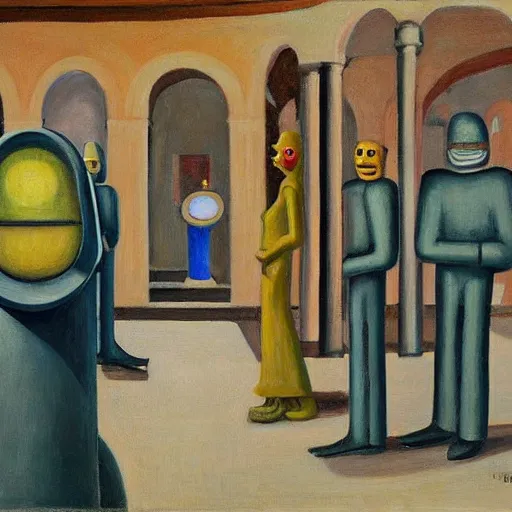 Image similar to drab workers wearing masks walking along cloisters, vault, rotunda, brutalist courtyard, watched by robots, dystopian, pj crook, edward hopper, oil on canvas