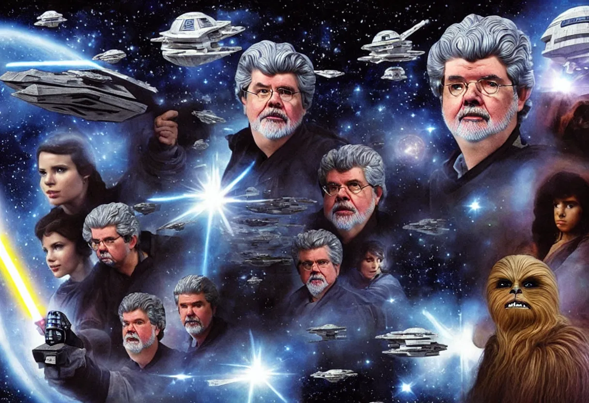 Image similar to “George Lucas stars in his new space opera movie Swiss Cottage, which many claim to be a poor quality knockoff of a Star Wars. HQ movie still. Be creative! I’m counting on you to impress me, Stable Diffusion, don’t let me down with some shonky looking AI bullshit”