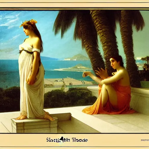 Image similar to Silhouette of two girls at the palace, thunderstorm, greek pool, beach and palm trees on the background major arcana sky, by paul delaroche, alphonse mucha and arnold böcklin arnold böcklin hyperrealistic 8k, very detailed