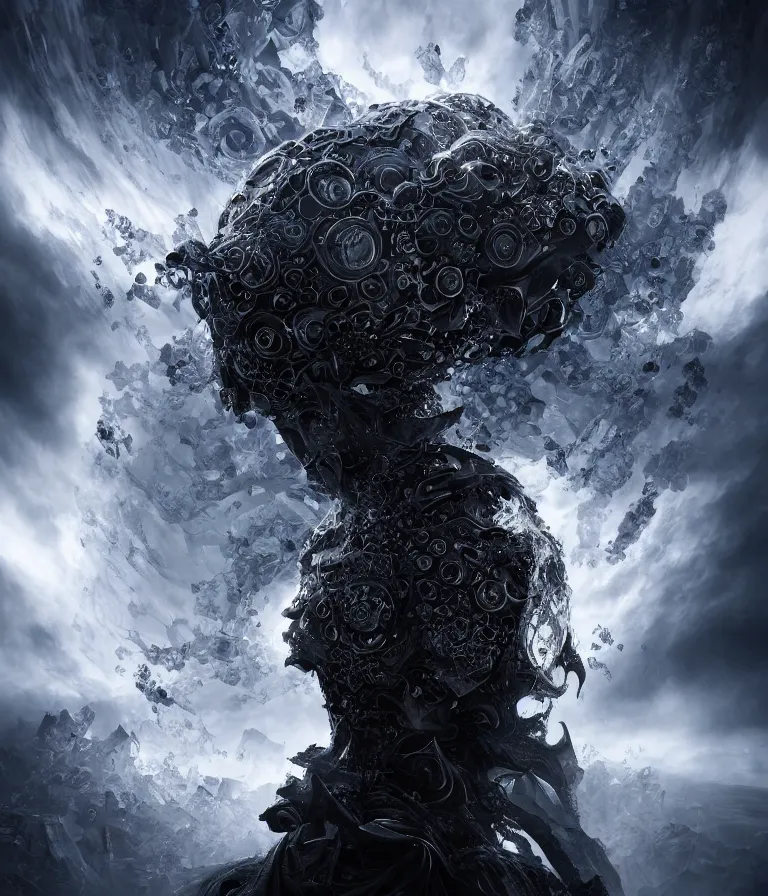 Image similar to impressive ominous front!! shot photo of a court jester character fine portrait fine portrait mesmerizing fractal hyper cubes platinum cracked dark future hyper dimensional space galactic crystal nebula edges elegant detailed intricate concept artstation sharp focus ray tracing cinematic masterpiece temporal corruption beeple wlop germ 8 4 k scifi glossy hyper realistic illustration canon eos r 3 fujifilm x - t 3 0 sony alpha a 6 6 0 0