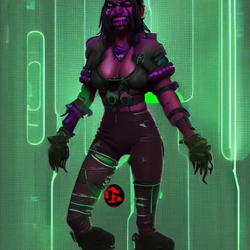 Image similar to concept art of a cyberpunk orc hacker girl with green skin and tusks. Trending on artstation