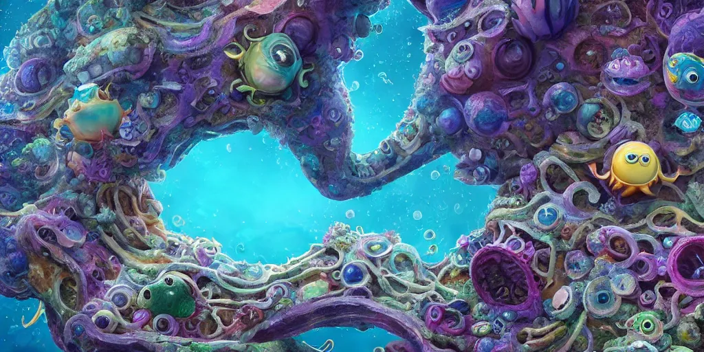 Image similar to of an intricate sea reef with strange cute friendly happy creatures with huge eyes, mouth, long tongue, round teeth and goofy face, appearing from the background, in the style of gehry and gaudi, macro lens, shallow depth of field, ultra detailed, digital painting, trending artstation, concept art, illustration, cinematic lighting, photorealism, epic, octane render