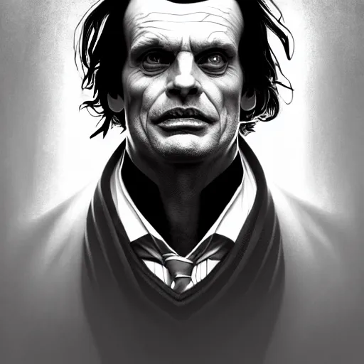 Image similar to symmetry!! intense portrait of jack torrance, intricate, elegant, highly detailed, my rendition, digital painting, artstation, concept art, smooth, sharp focus, illustration, art by artgerm and greg rutkowski and alphonse mucha