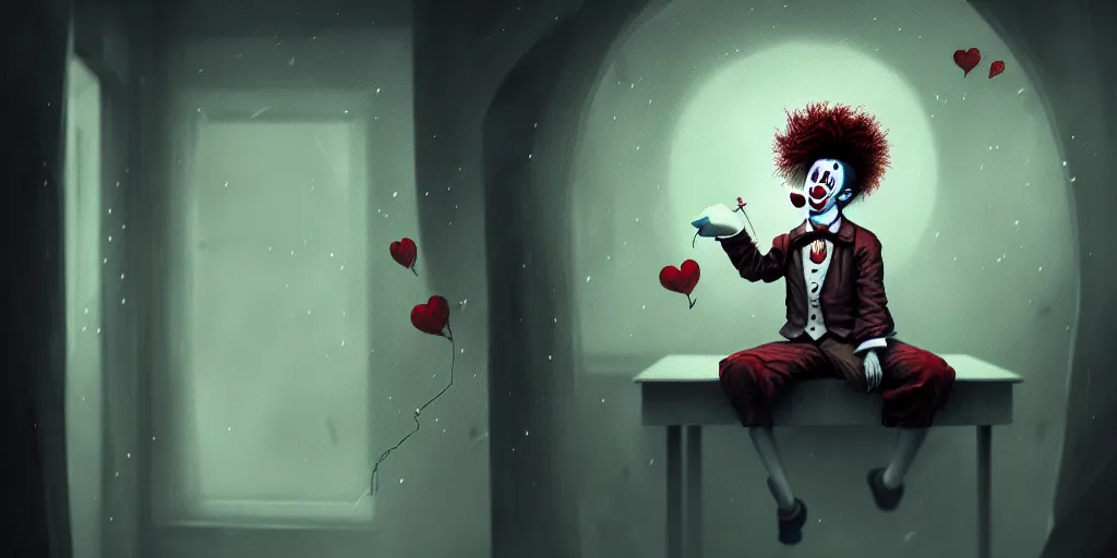 Prompt: the sad clown paradox, illustration, high quality, details, intricate, atmosphere, highly detailed, cinematic, digital painting, deviantart, cinematic