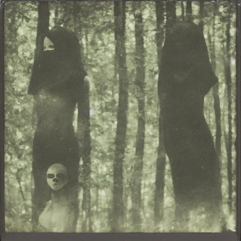 Prompt: polaroid vintage of a woman with black black mask in the forest, occult,