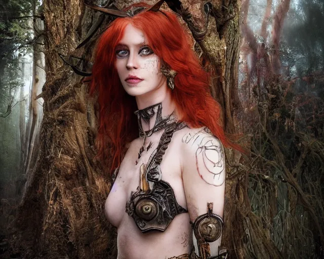 Image similar to 5 5 mm portrait photo of an armored gorgeous anesthetic redhead woman warrior with a face tattoo and horns growing from her head, in a magical forest in the style of stefan kostic, art by luis royo. highly detailed 8 k. intricate. lifelike. soft light. nikon d 8 5 0. cinematic post - processing