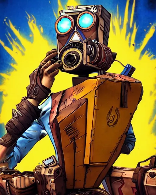 Image similar to cel - shaded claptrap from borderlands 3, airbrush, drew struzan illustration art, key art, movie poster