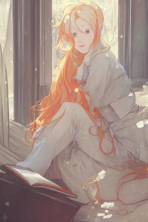 Prompt: a teenage girl in a jk uniform outfit in the bedroom reading a book in a night, raining outside the window, grey and orange theme ， wavy white long hair, by krenz cushart and mucha and akihito yoshida and greg rutkowski, detailed eyes, 4 k resolution