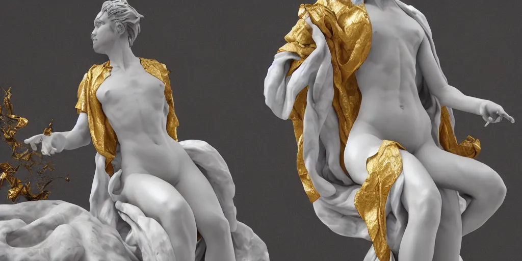 Prompt: baroque delicate full-body marble sculpture of hyper realistic brushstrokes, gold silk flowing fabric, Trending on artstation, octane render, cinematic, hyper realism, octane render, 8k, depth of field