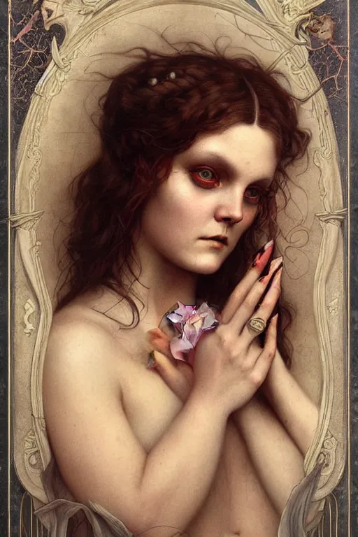 Image similar to Tove Lo by Tom Bagshaw in the style of Gaston Bussière, art nouveau