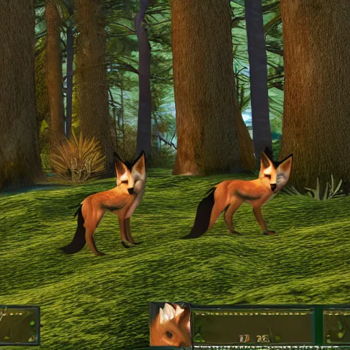 Prompt: second life in game screenshot of black foxes cuddling next to each other in a cozy forest, 4 k