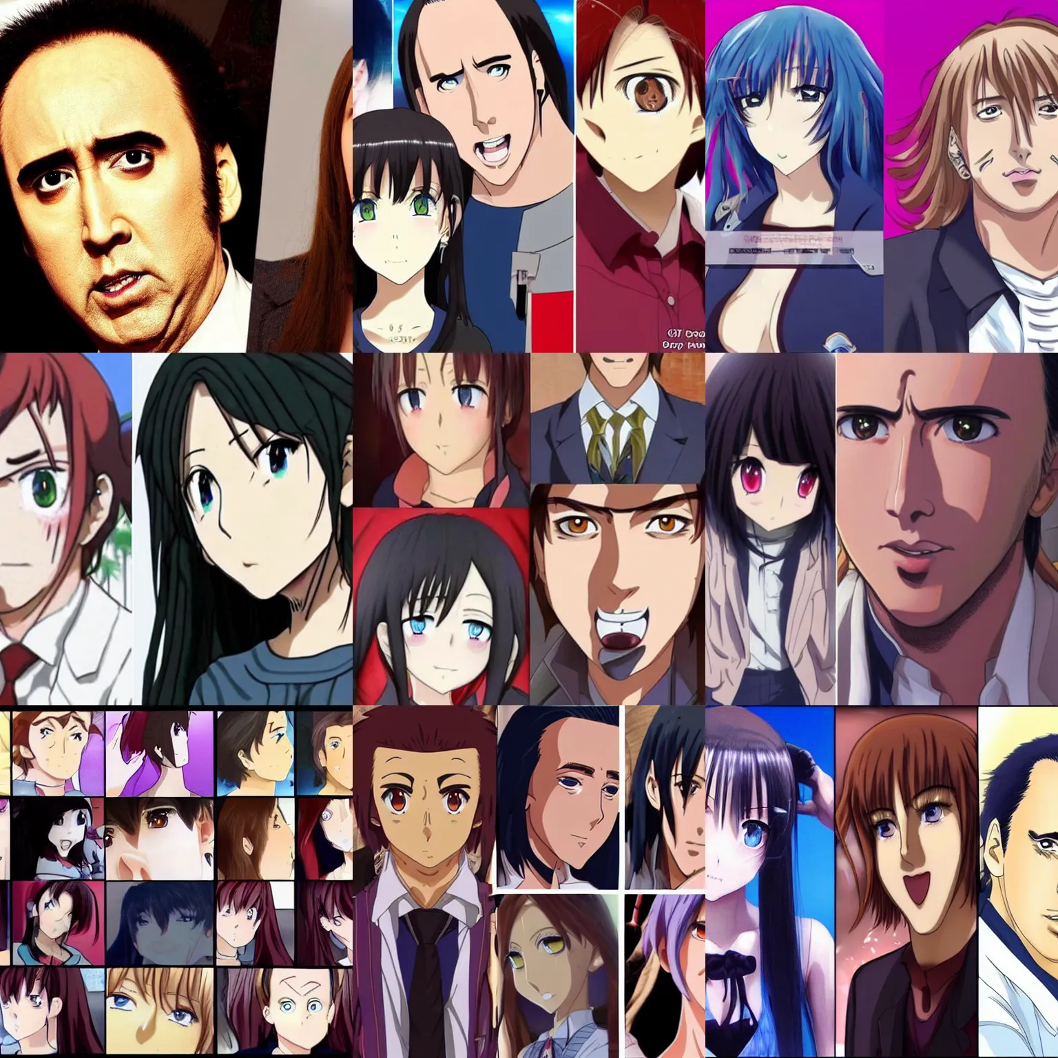 Prompt: Anime girls with nicolas cage's faces