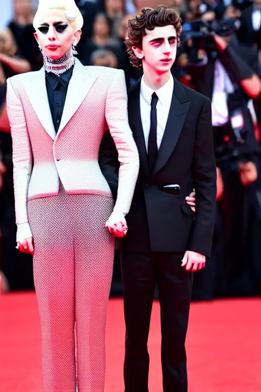 Image similar to timothee chalamet and lady gaga holding hands on the red carpet, beautiful detailed faces